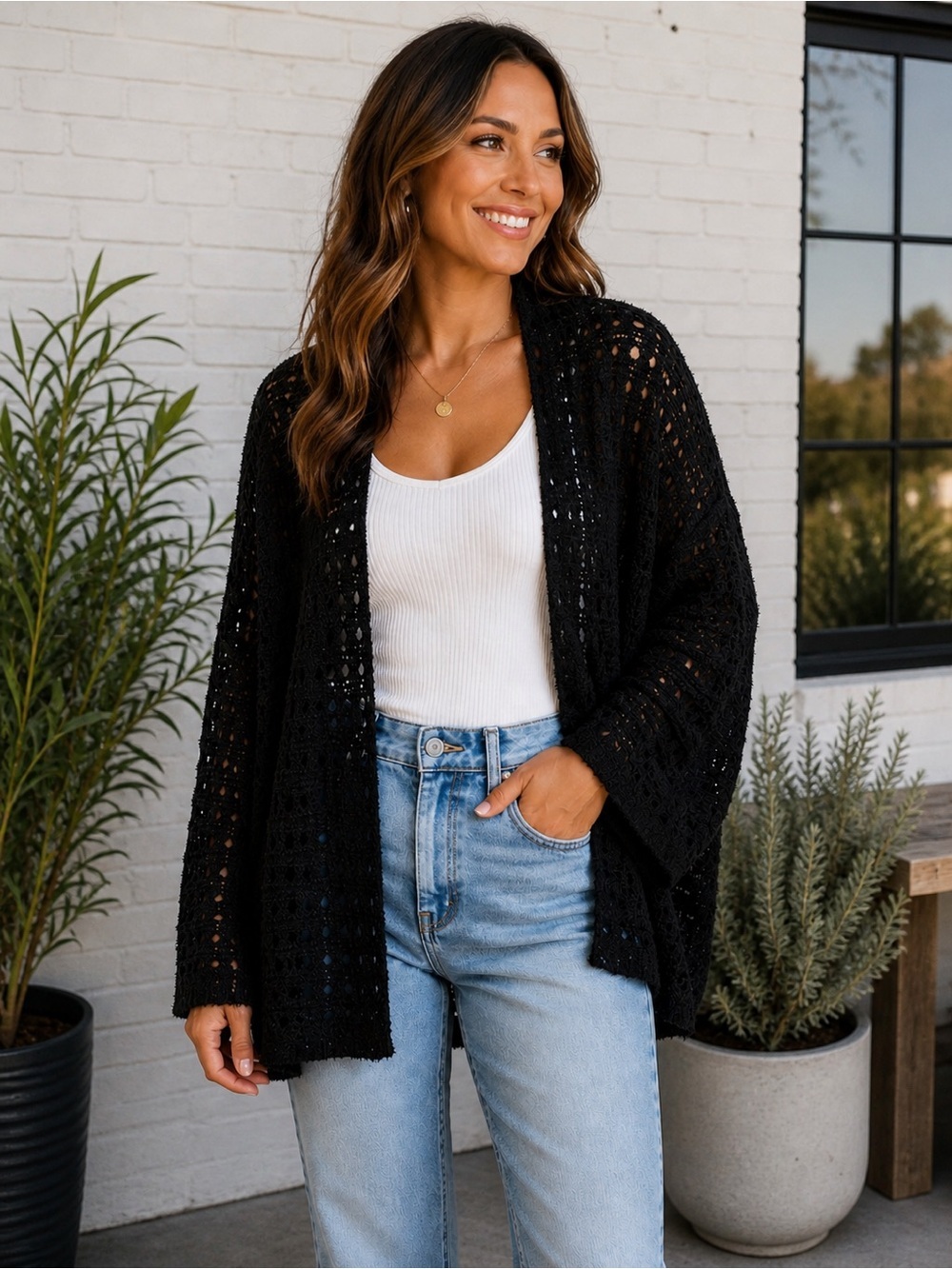 Margaret O’Leary Black Open Knit Cotton Cardigan Relaxed Luxury Medium
